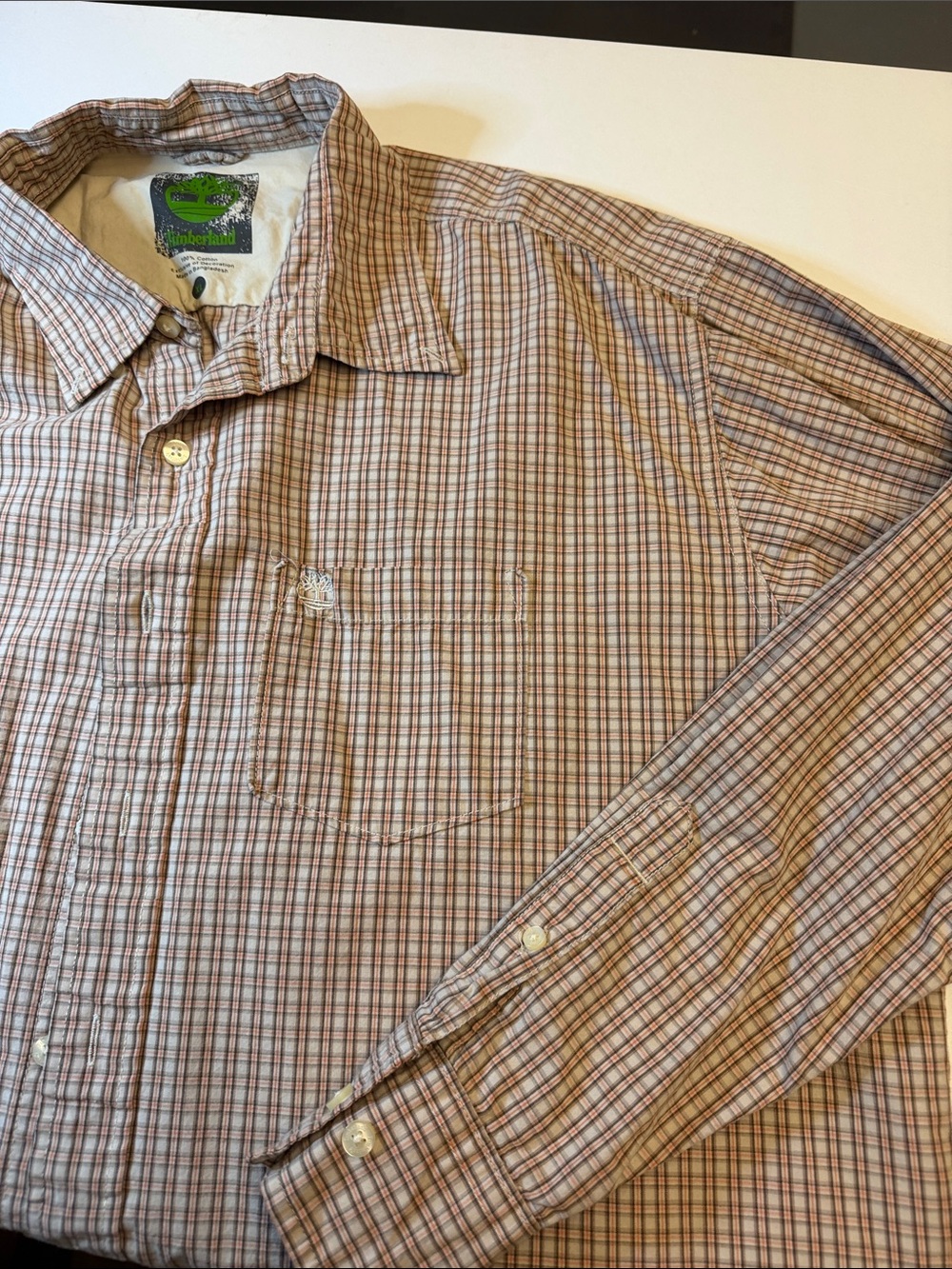Timberland Plaid Long-Sleeve Shirt — Beige, Rust & Light Blue